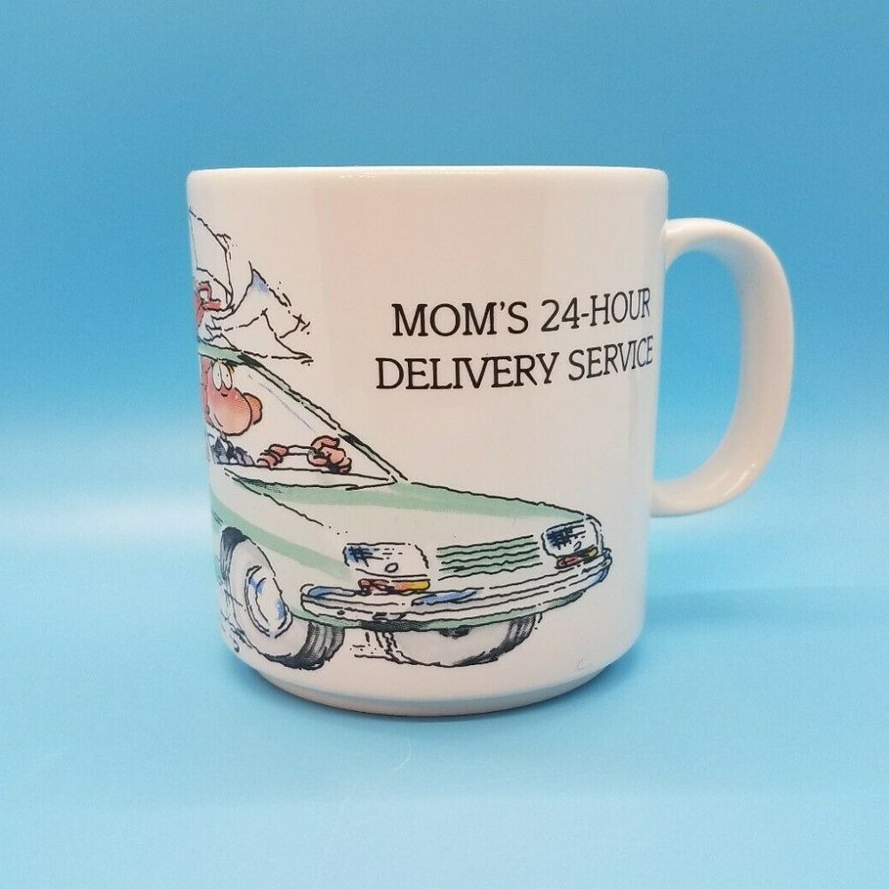 Mom's Taxi Busy Woman mug Mom's 24 Hour Delivery Service Coffee Mug Cup 1990